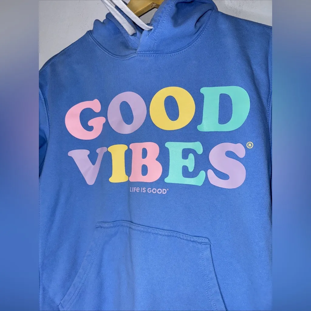 Life Is Good Good Vibes Blue Hooded Pull Over Sweatshirt Medium‎ - Image 3