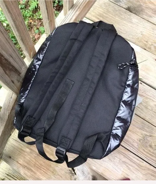 SHINY REFLECTIVE VINAL LIKE RACING CHECKERED FLAG EMBROIDERED BACKPACK Black - Image 3