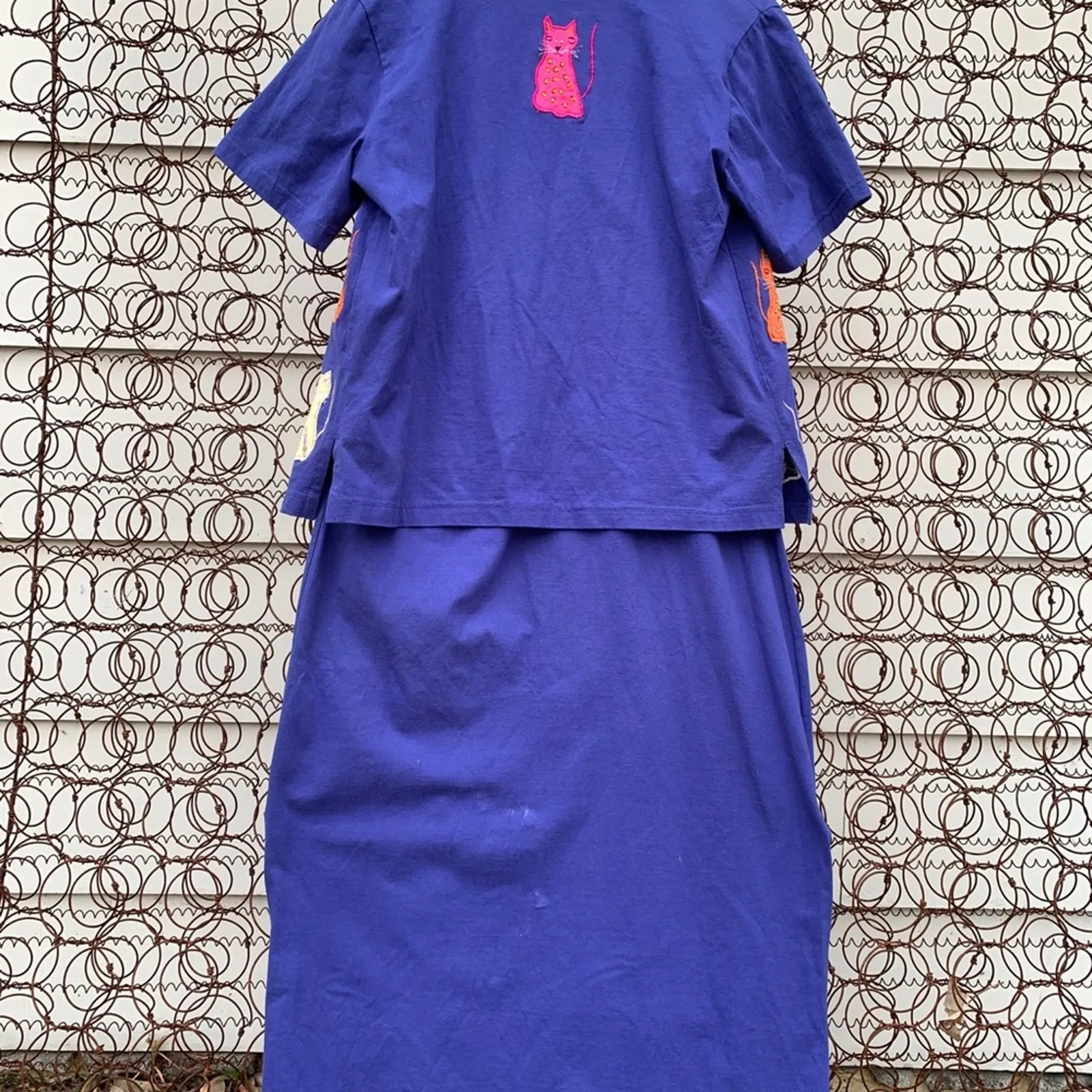 Vintage Art Deco cats teacher shirt dress and jacket set Cotton SMALL Blue - Image 10