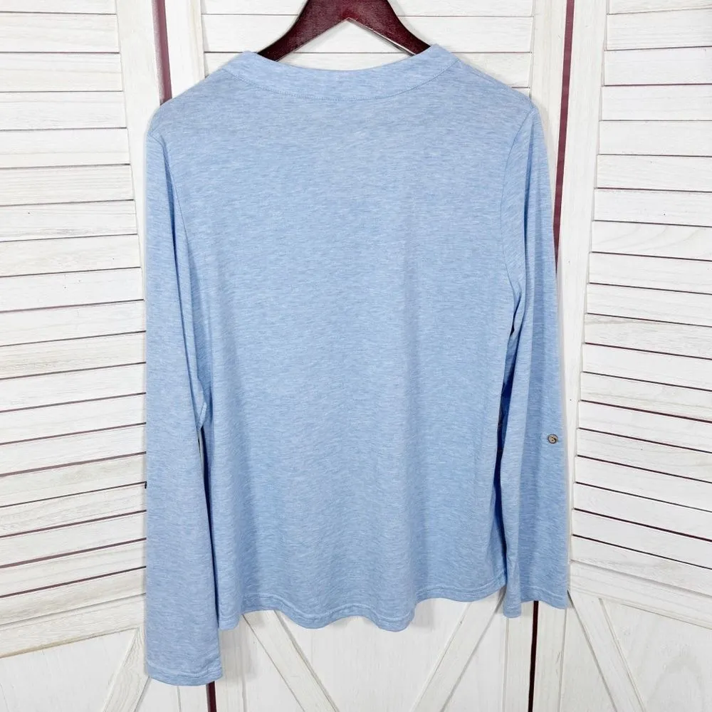 Heathered V Neck Roll Tab Long Sleeve Henley T Shirt Blue Large - Image 9