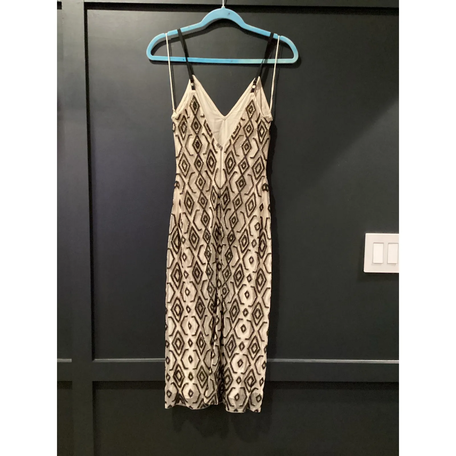 ALICE + OLIVIA Arlette deep v neck diamond motif beaded Midi Dress Black/Cream 2 - Image 3