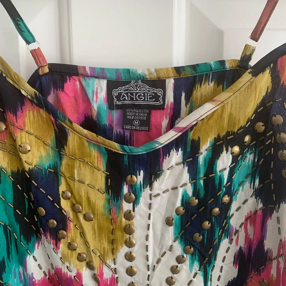 Angie Boho Sleeveless Mini Dress - Size M - Multicolor Ikat Print with Studs NWT - Image 3