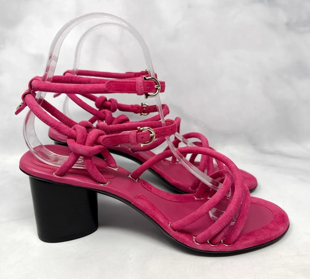 NEW Salvatore Ferragamo Augusta Suede Strappy Buckle Sandal Block Heel Pink 7 - Image 1
