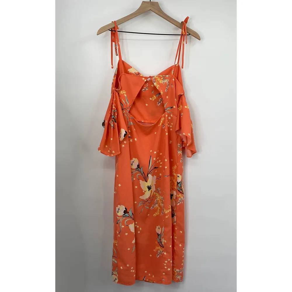 Urban Outfitters Floral Print Midi Dress Off Shoulder Cut Out Orange Womens L - Image 5