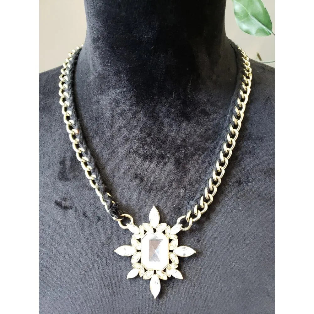 Women's Gold Chain Crystal Pendant Necklace Lobster Clasp Black Cord Accent - Image 2