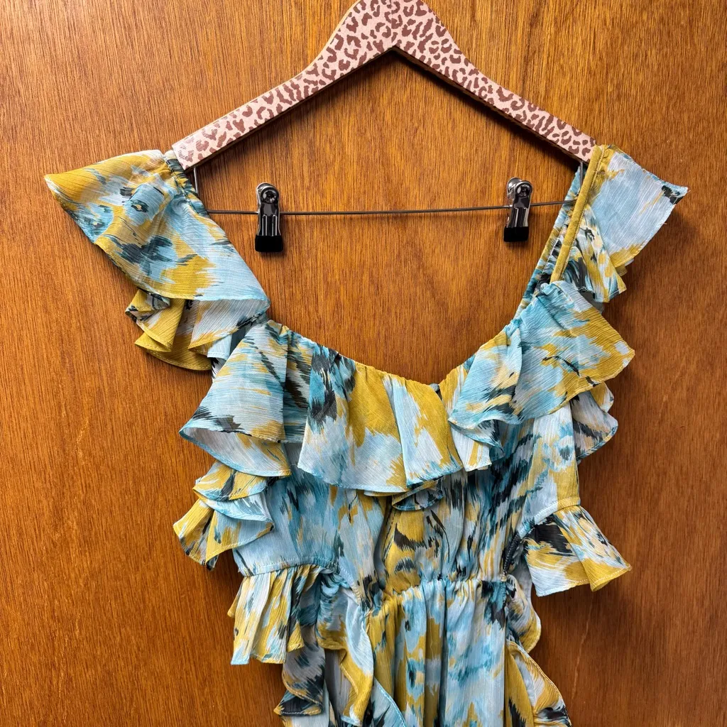 MISA Los Angeles Alessandra Sleeveless Ruffle Midi Dress Blue Yellow Medium - Image 5