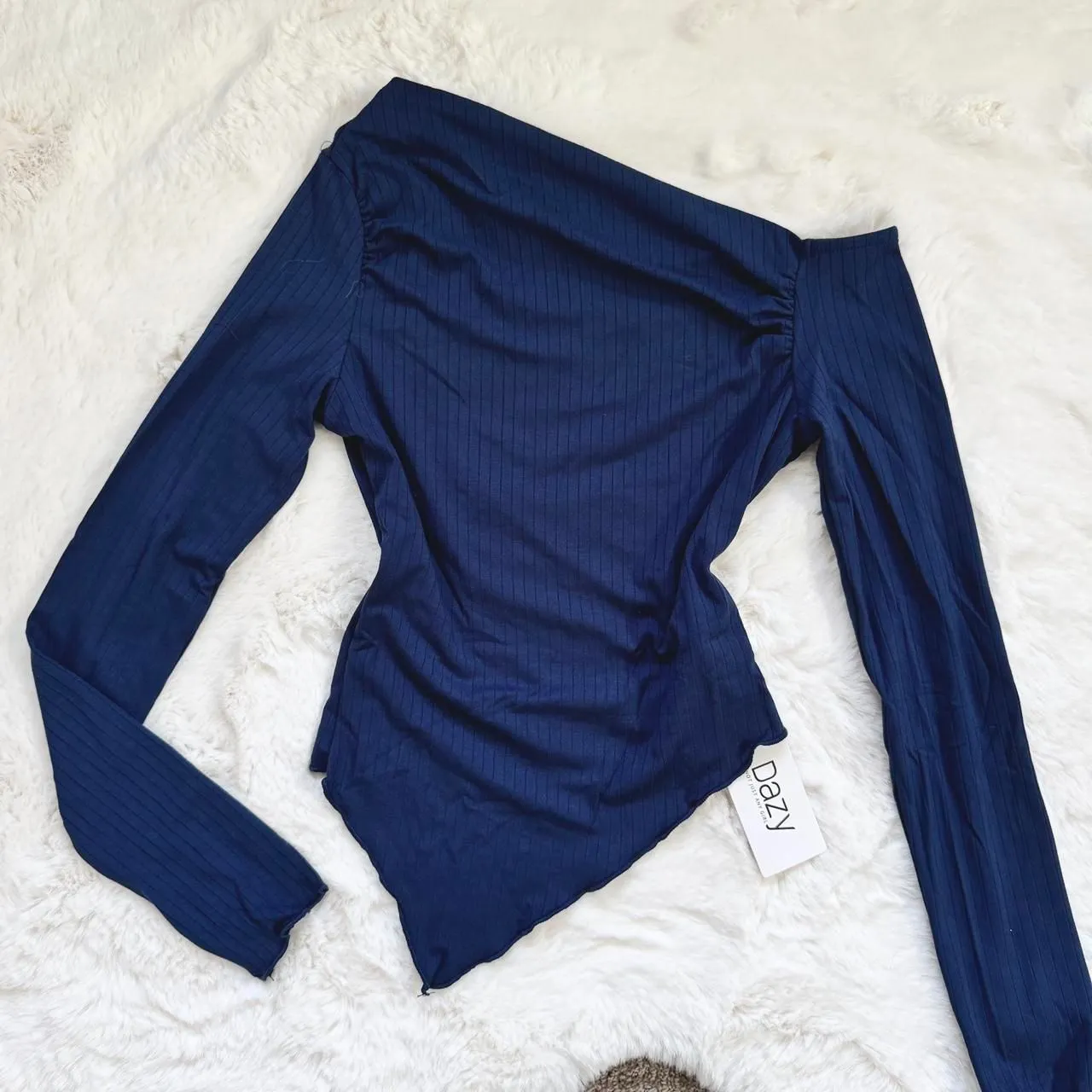 Dazy Off Shoulder Lettuce Hem Navy Longesleeve Tee Blue Size XS - Image 2