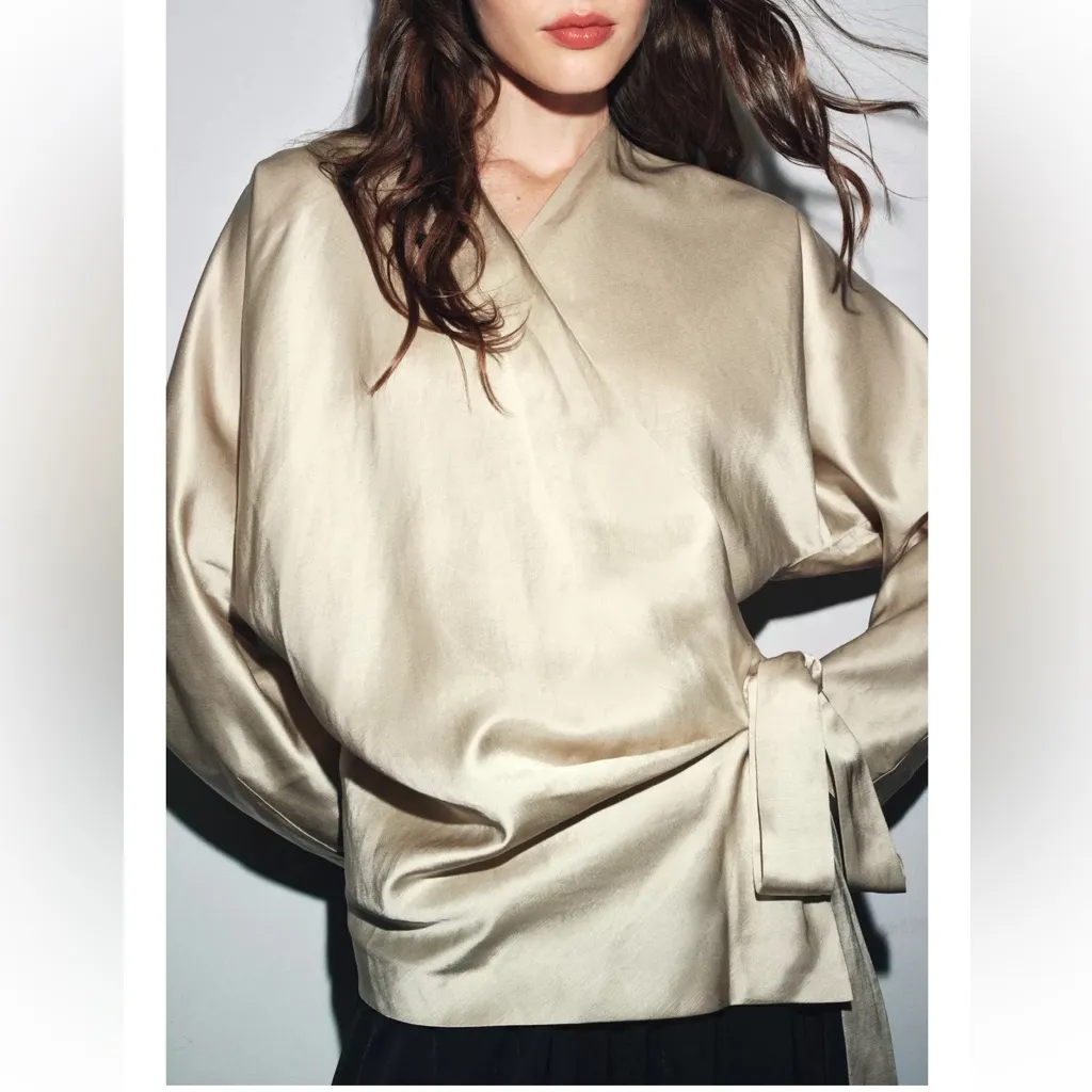 Zara NWT ZW collection light beige wrap tie side blouse - Image 4