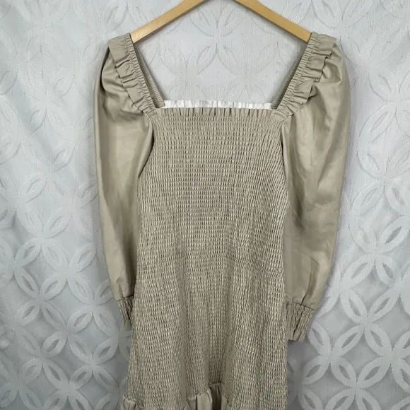 7 For All Mankind Smocked Square Neck Puff Sleeve Mini Dress Tan Size L‎ NWT - Image 5