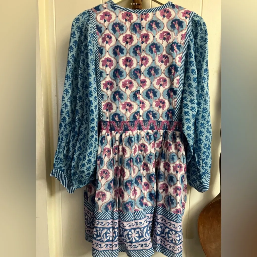 Oliphant Blue Tie Front Floral Dress Iris Blue Bohemian Resort Coquette Fairy Size M - Image 3