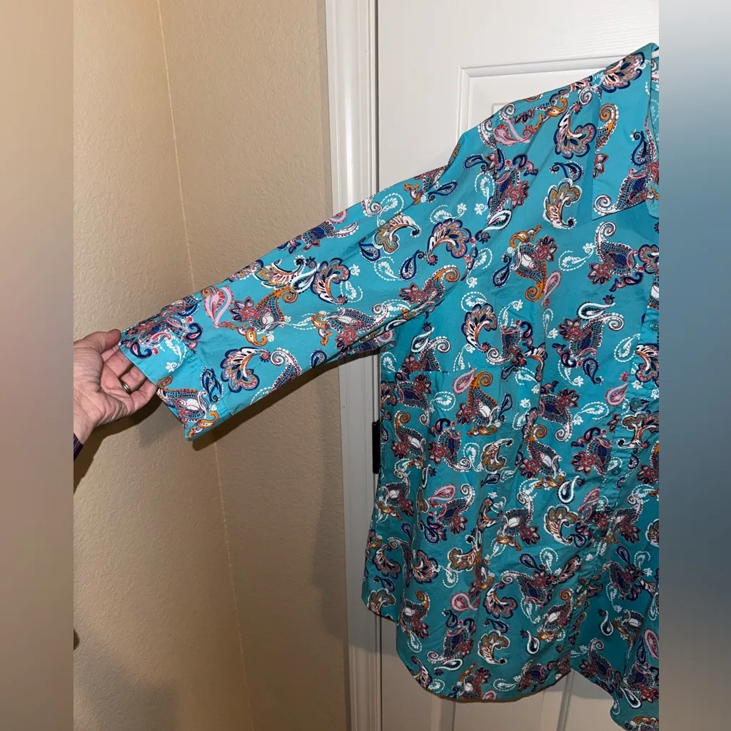 Woman Within Plus Three Quarter Sleeve Shirt Teal Pink White Paisley 2X 4X 26/28 - Image 4