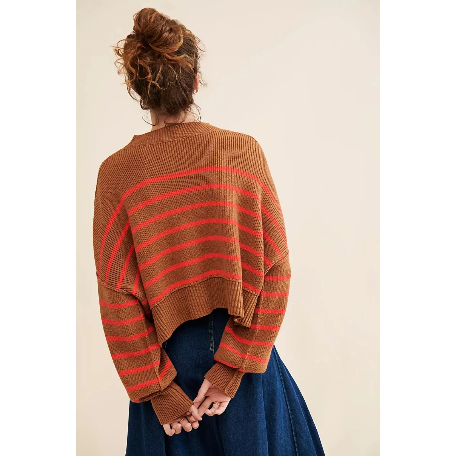 Free People Easy Street Brown and Red Striped Cropped Rib Knit Sweater size XS - Image 12