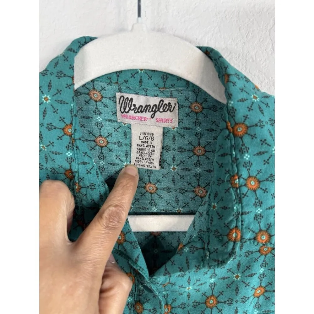 Vintage Wrangler Wrancher Teal Long Sleeve Snap Up Western Shirt Women’s L Rodeo - Image 5