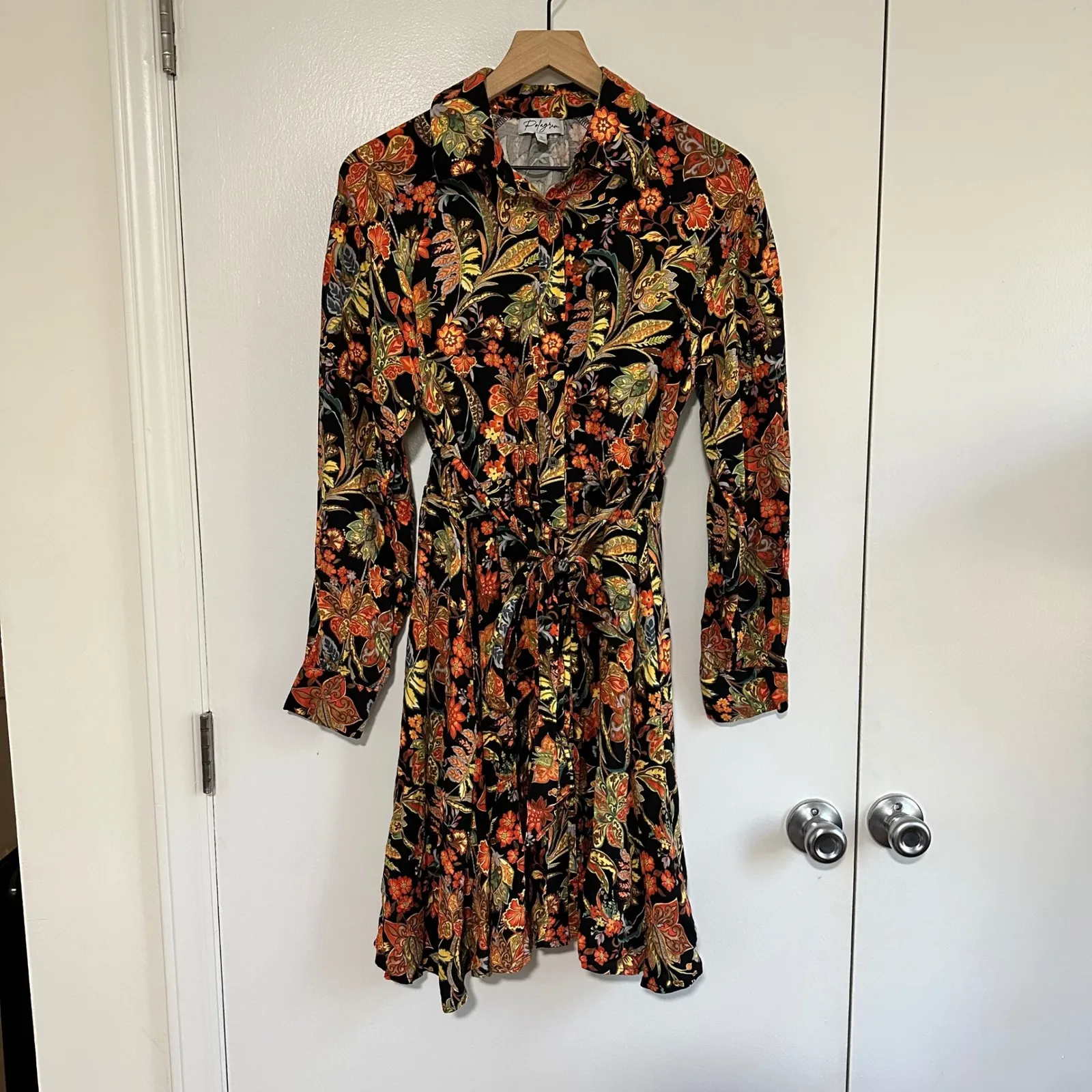 POLAGRAM | Black Orange Floral Button Front Tie Waist Long Sleeve  Mini Dress, S - Image 3
