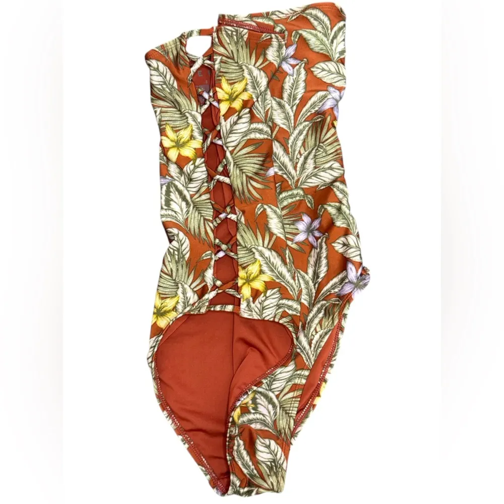 Aeropostale Tropical Floral One Piece Swimsuit Rust Yellow Side Cut Out Small - Image 3