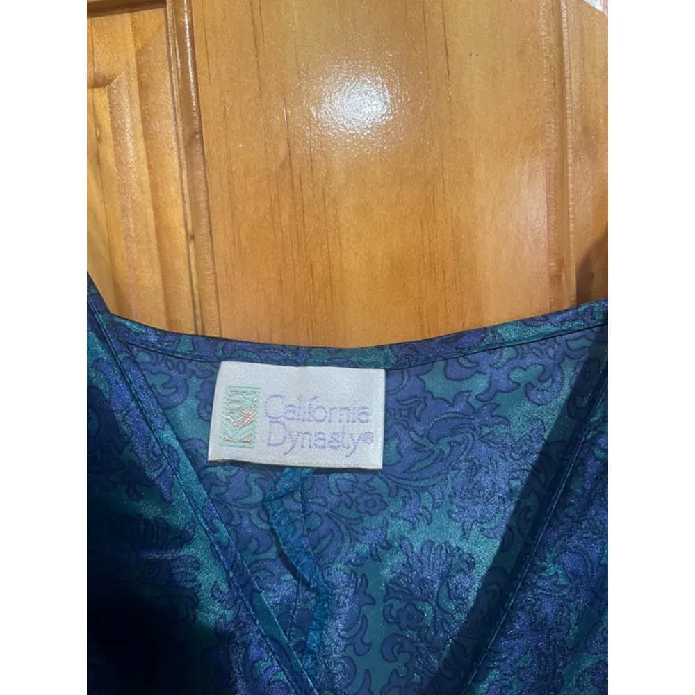 Vintage California of Dynasty Blue and Purple Floral Slip Satin Side Slit Dress Size L - Image 2