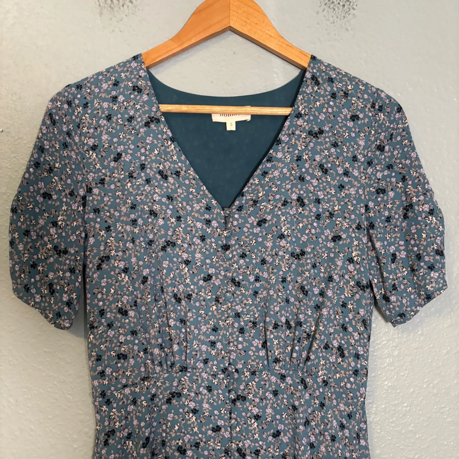 Böhme Floral Print Midi‎ Dress Blue Button Front Slit Cottagecore Women's Small - Image 4