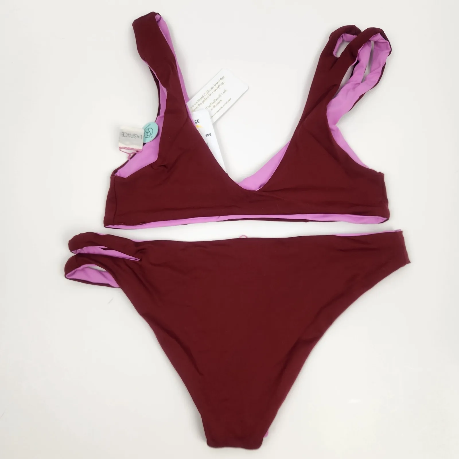L*Space Bikini Set One Wave Top Breakers Bottom Size Small Bungundy Pink - Image 2