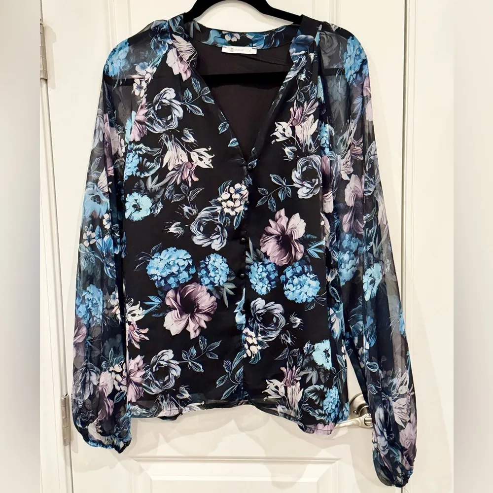 Cupshe Dark Bohemian Floral Frenzy Blouse XL Flowy Whimsy Goth Sheer Sleeves - Image 2