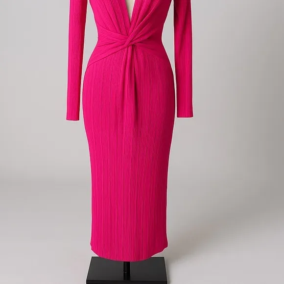 Pretty Little Thing Hot Pink Plisse‎ Collar Detail Twist Midi Maxi Dress Size 6 - Image 6