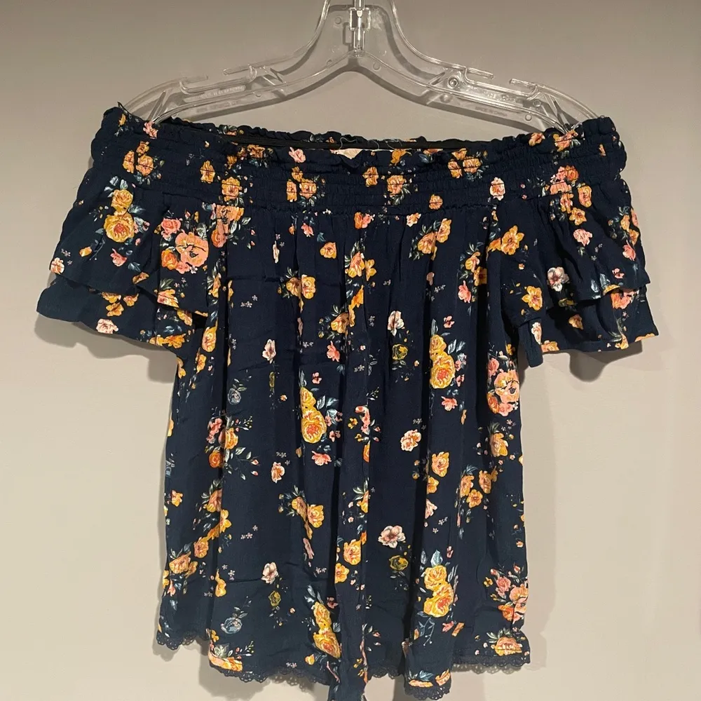 Rewind XS Navy Floral Peasant Blouse Off Shoulder Womens - Image 5