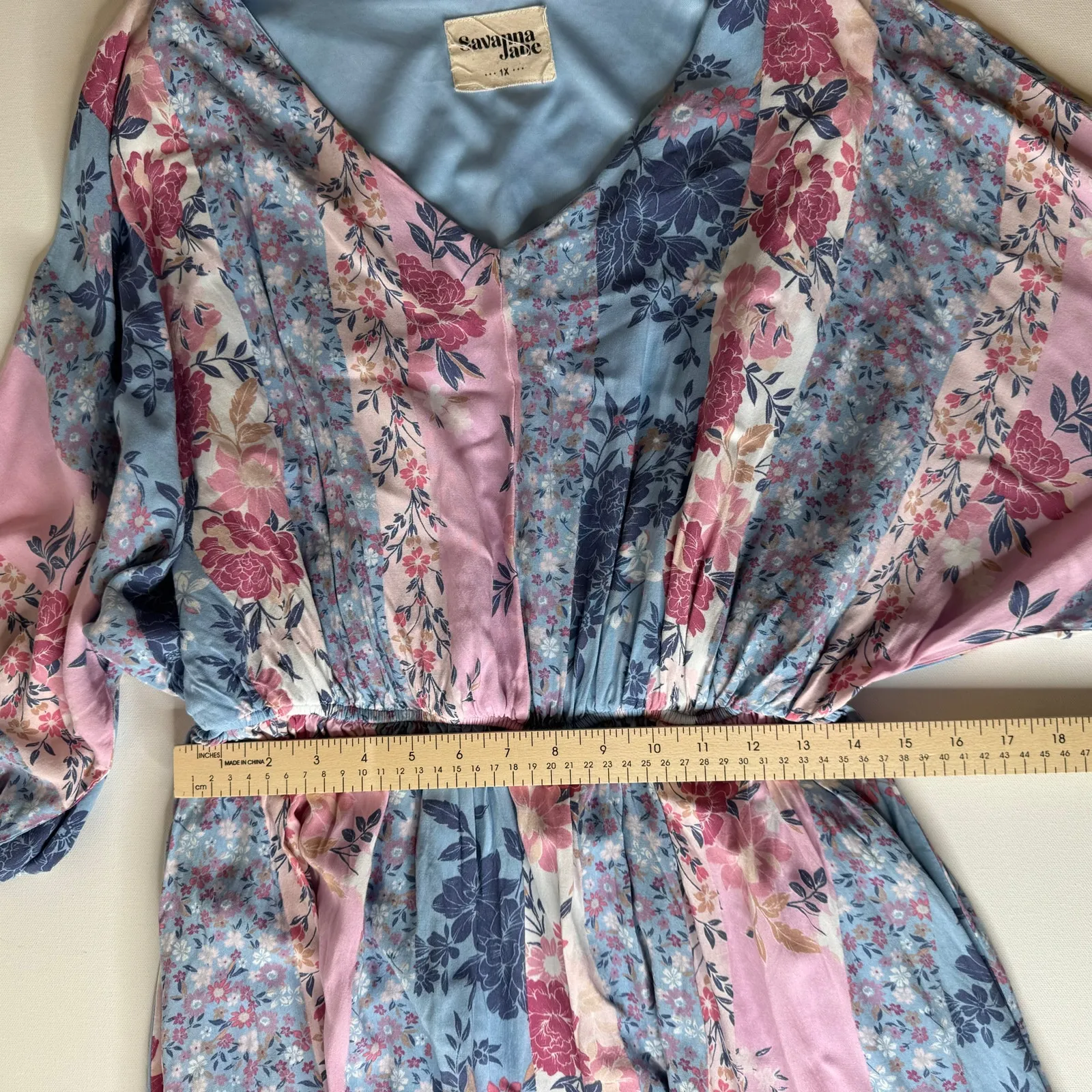 Savanna Jane Patchwork Dress Floral Print Dolman Sleeves Pastel Boho Sz 1X Girly Blue - Image 16