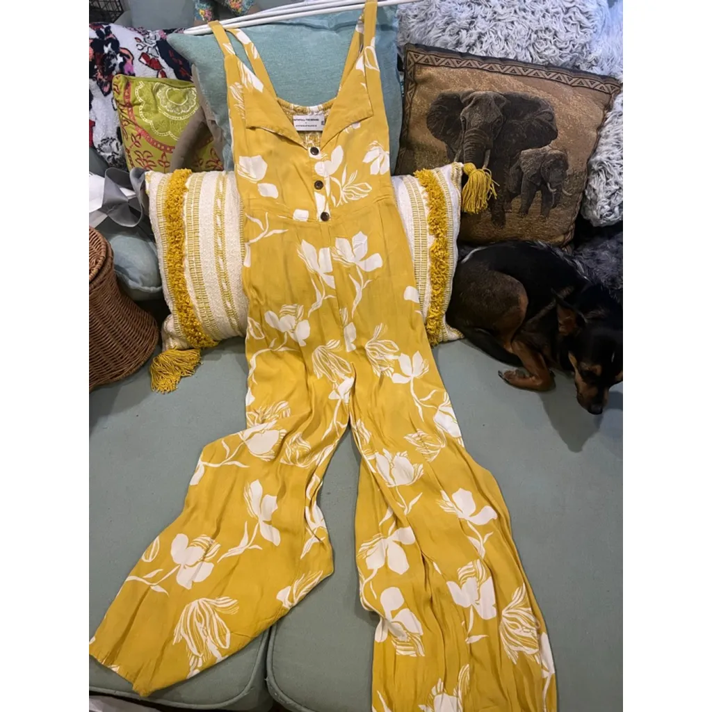 Women's Anthropologie Yellow & White Floral Jumpsuit Size S - Image 3