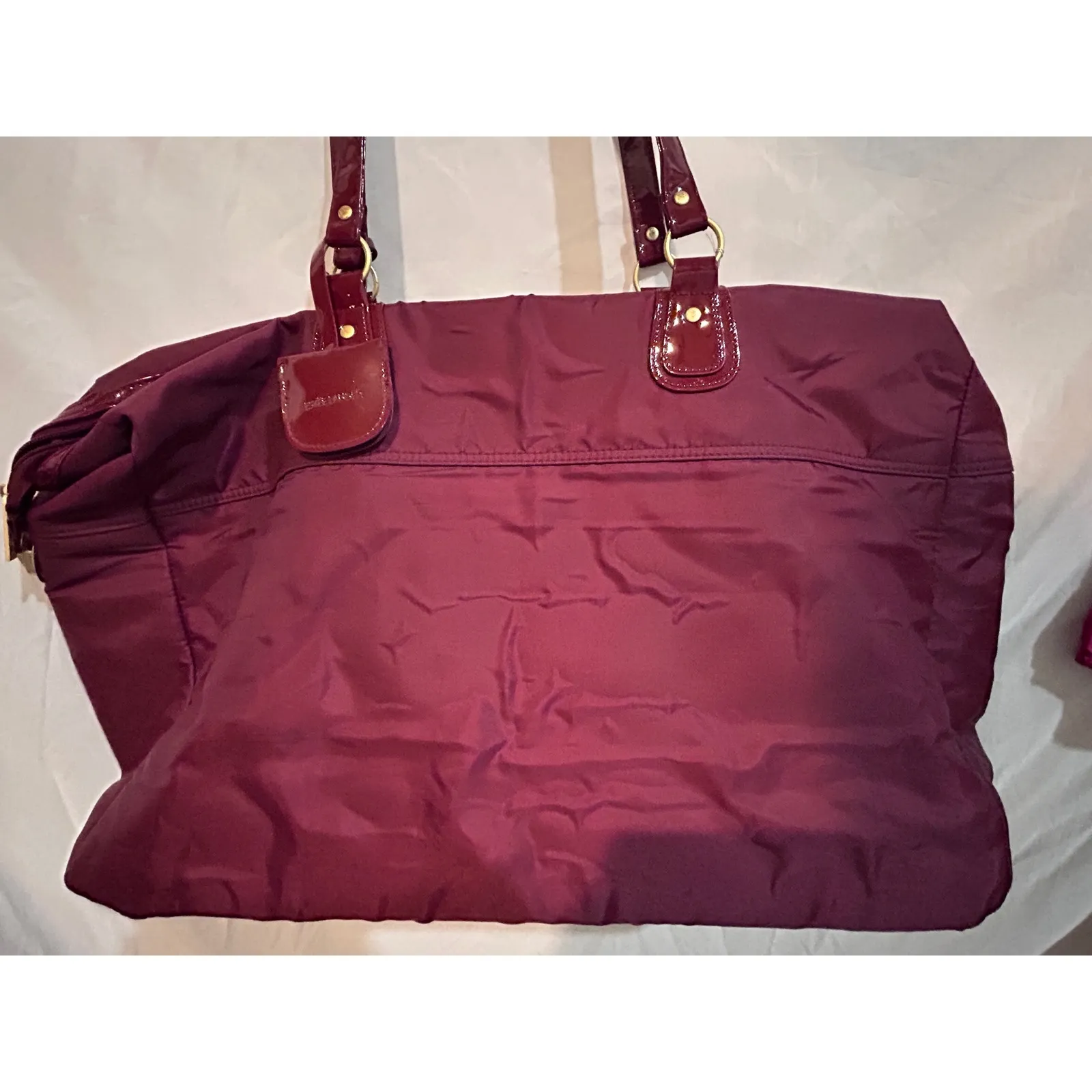 Estee Lauder Burgundy Nylon Patent Leather Trim Tote Bag Travel Weekender - Image 6