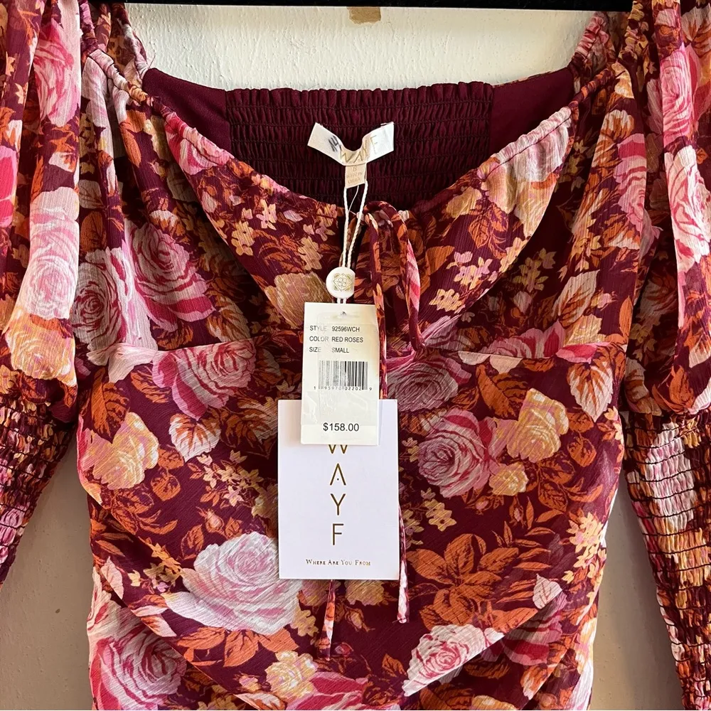 Wayf Dress Rosie Dress Red Roses Floral Asymmetrical Hem Puff Sleeves Sz S NWT - Image 5