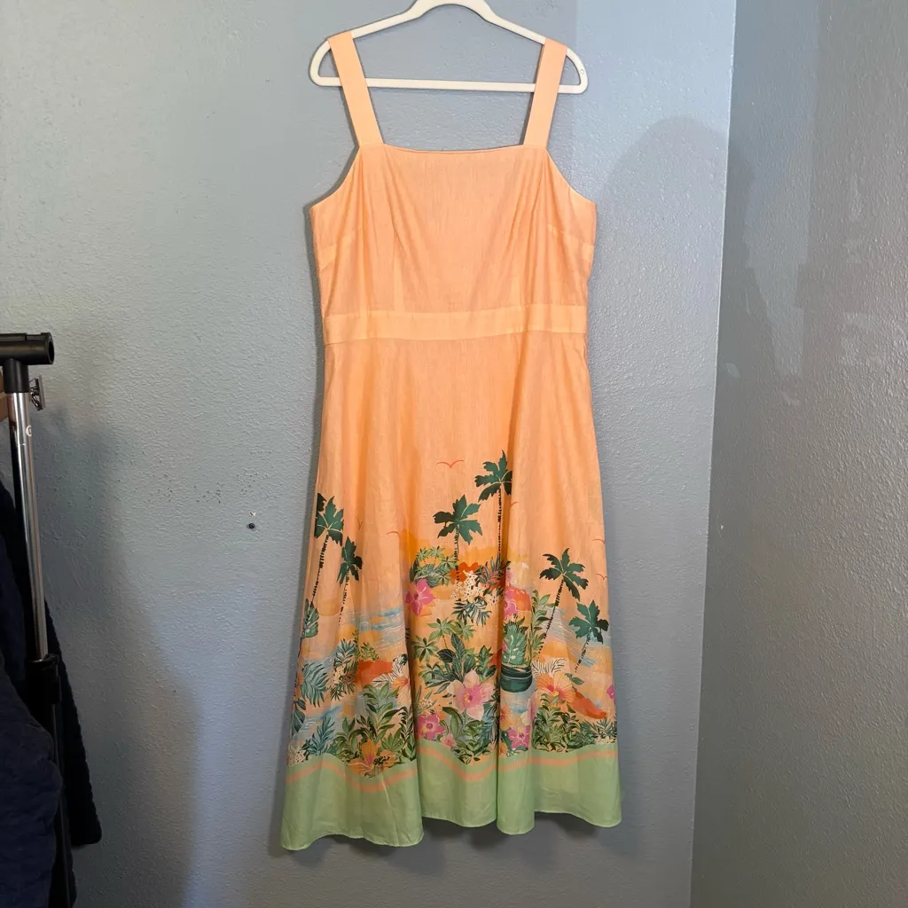 NWT Talbots Peach Linen Maxi Dress Sunset Horizon Tropical Size 14 Resort Summer - Image 2