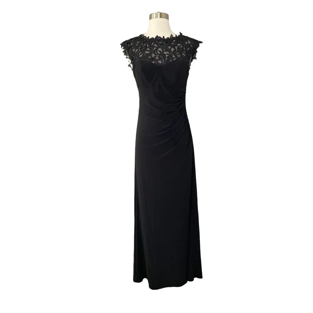 XSCAPE Cap Sleeve Jersey Dress in Black Lace Illusion Yoke Side Ruching Size 6 - Image 4