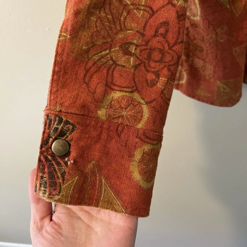 Orange Boho Citrus Retro 70s Jacket Linen Cotton Hippie Art To Wear Laganlook 1X - Image 5