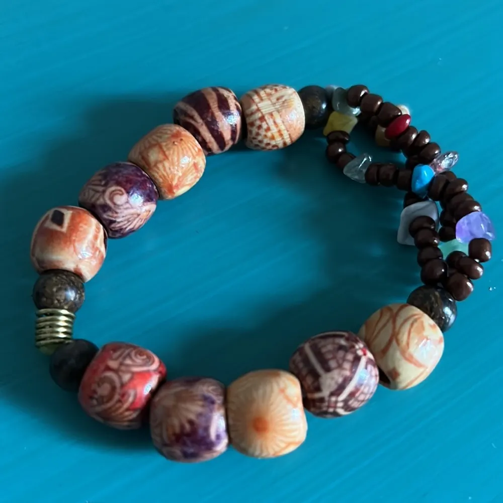 One of a kind Artisan Handcrafted Boho Wood Multicolor Chip Gemstone Jewelry Brown - Image 8