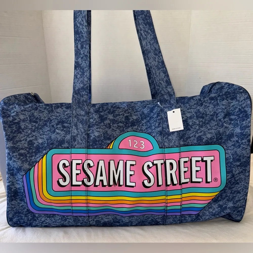 New With Tags Denim Sesame Street Blue Duffle Tote Weekender Travel Bag Luggage - Image 2