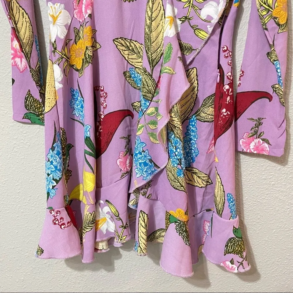 Romeo & Juliet Couture Purple Floral & Bird Print Ruffle Mini Dress Womens M - Image 9