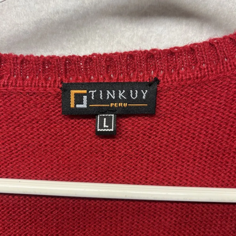 Tinkuy Argyle Cable Knit Sweater Vest Womens L Red Alpaca Wool Button Cardigan Size L - Image 2
