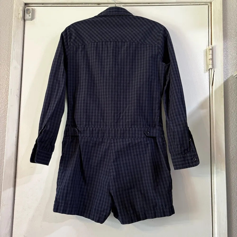 Shades Of Grey Plaid Tartan Blue Green Long Sleeve Romper Button Front Shorts XS - Image 4