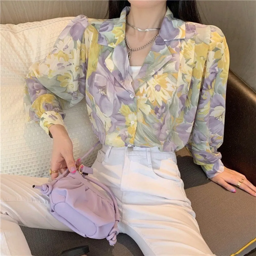 Korean Retro Floral Long Sleeve Blouse - Image 11