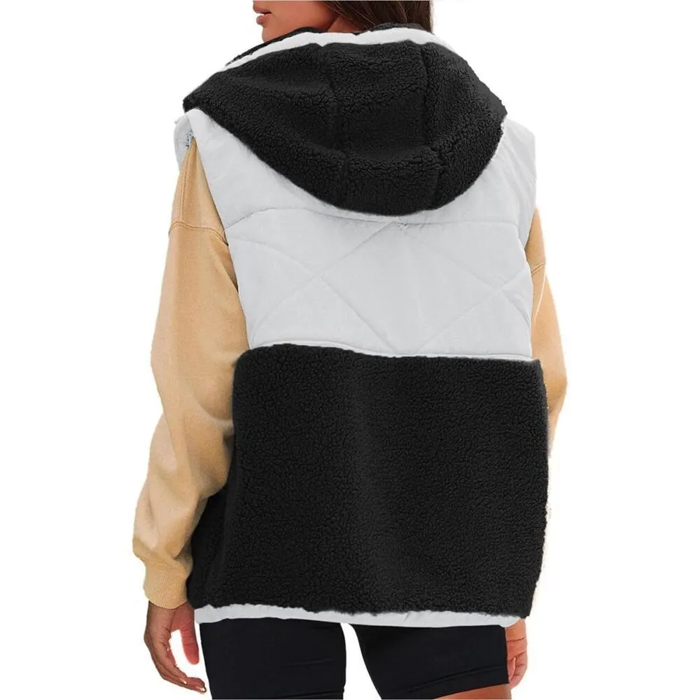 NEW Oversized Quilted Vest Color Block Fleece Vest Pockets XL NO HOOD Black - Image 4
