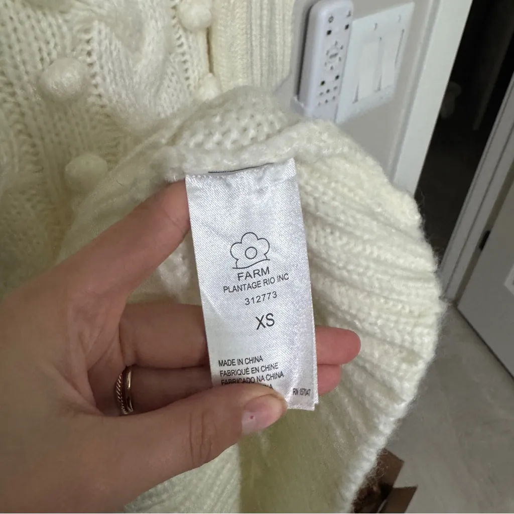 Farm Rio Chunky Cable Knit Sweater Dress Ivory Size XS Pompoms - Image 4