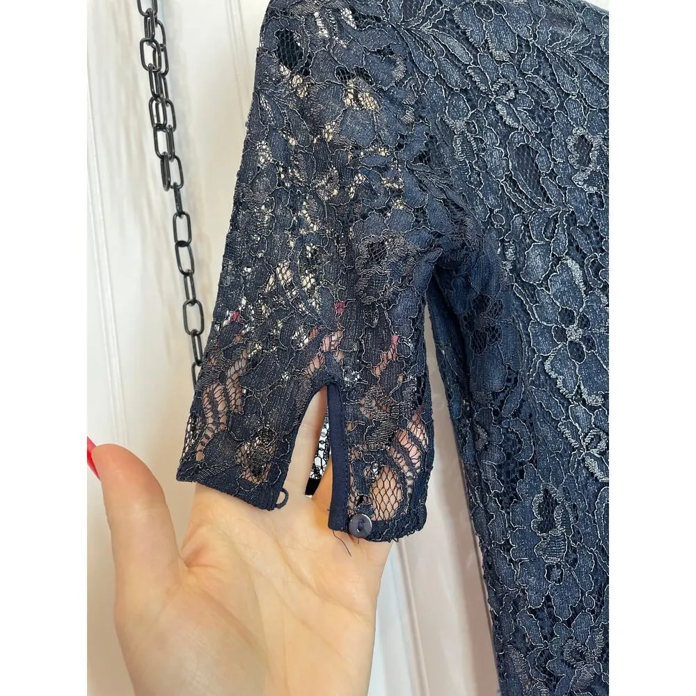 Barney’s New York Womens Lace Mini Sheath Dress Size 2 Midnight Navy Blue Floral - Image 3