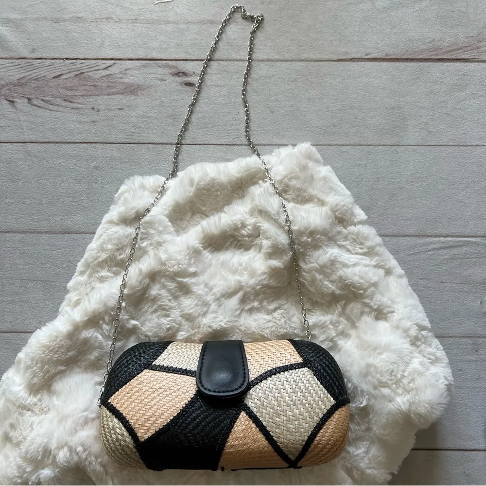 New Handmade Buntal Straw Clutch Purse Chain Strap Magnetic Snap Closure Tan Brown - Image 15