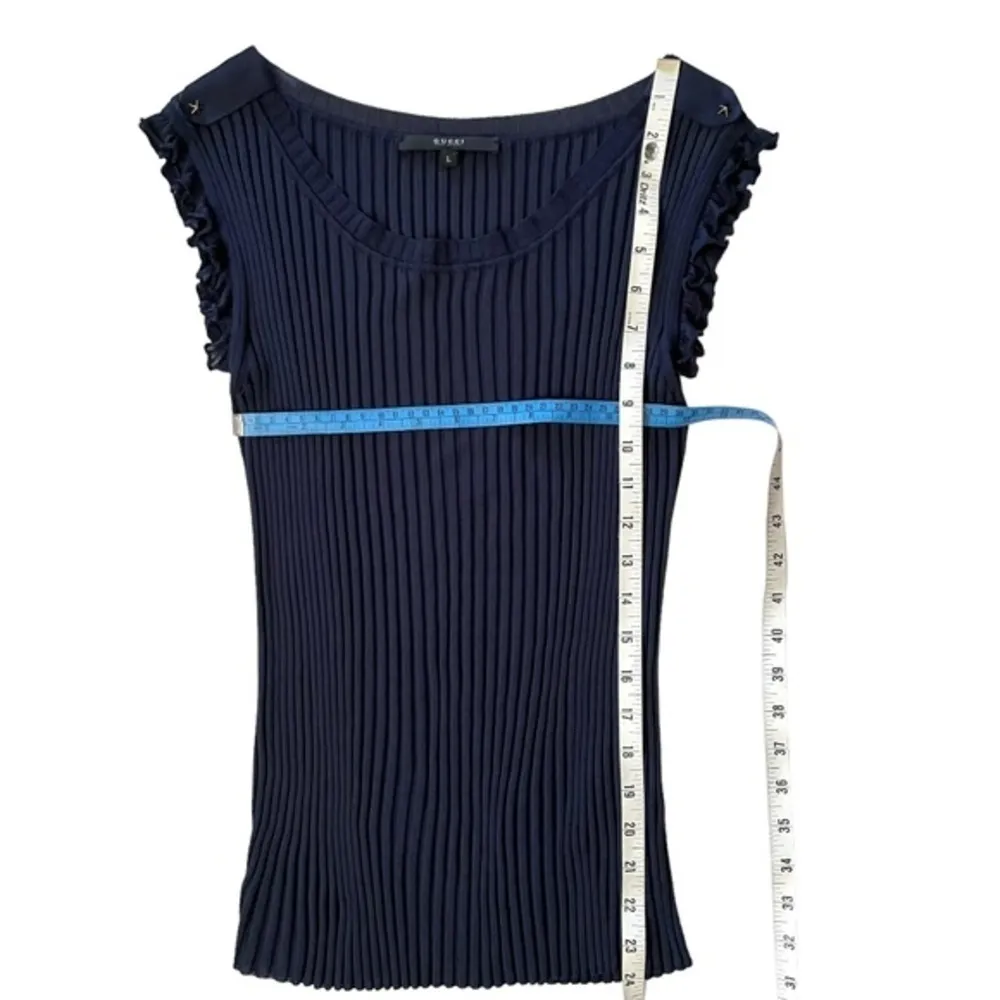 Gucci Navy Blue Ribbed Bateau Ruffle Sleeve Blouse Tee Top Size L/8 - AW2008 - Image 8