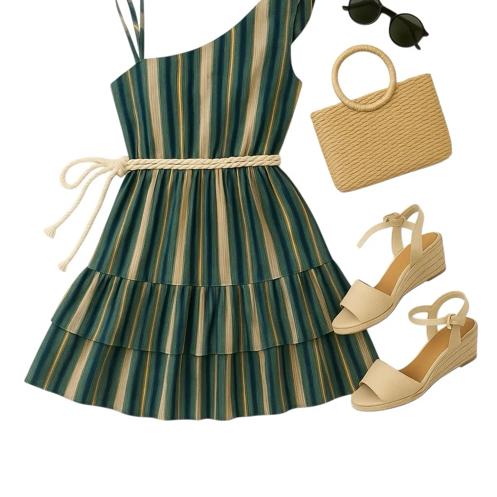 Free People One Shoulder Striped Tiered Mini Dress Women’s S Boho Resort Look - Image 2