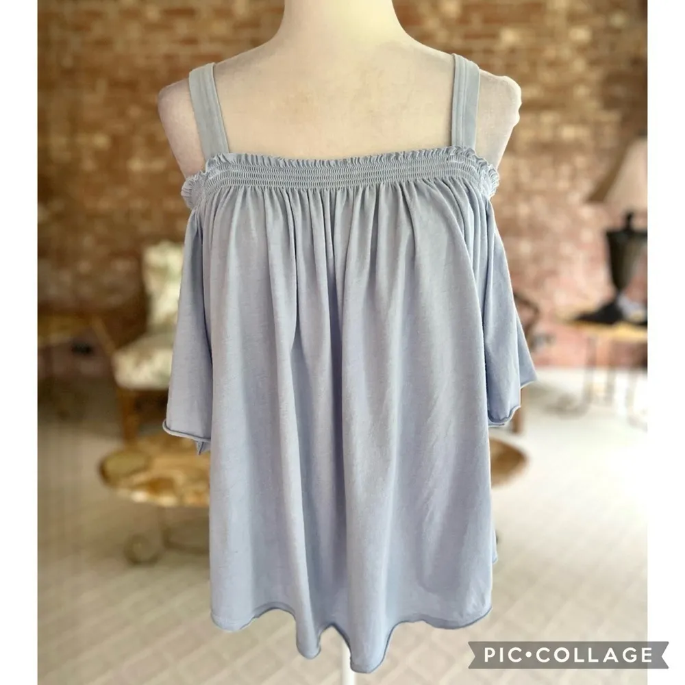 We The Free Top Blue Knit Cold Shoulder Short Sleeve high Low L Boho Casual Chic - Image 3