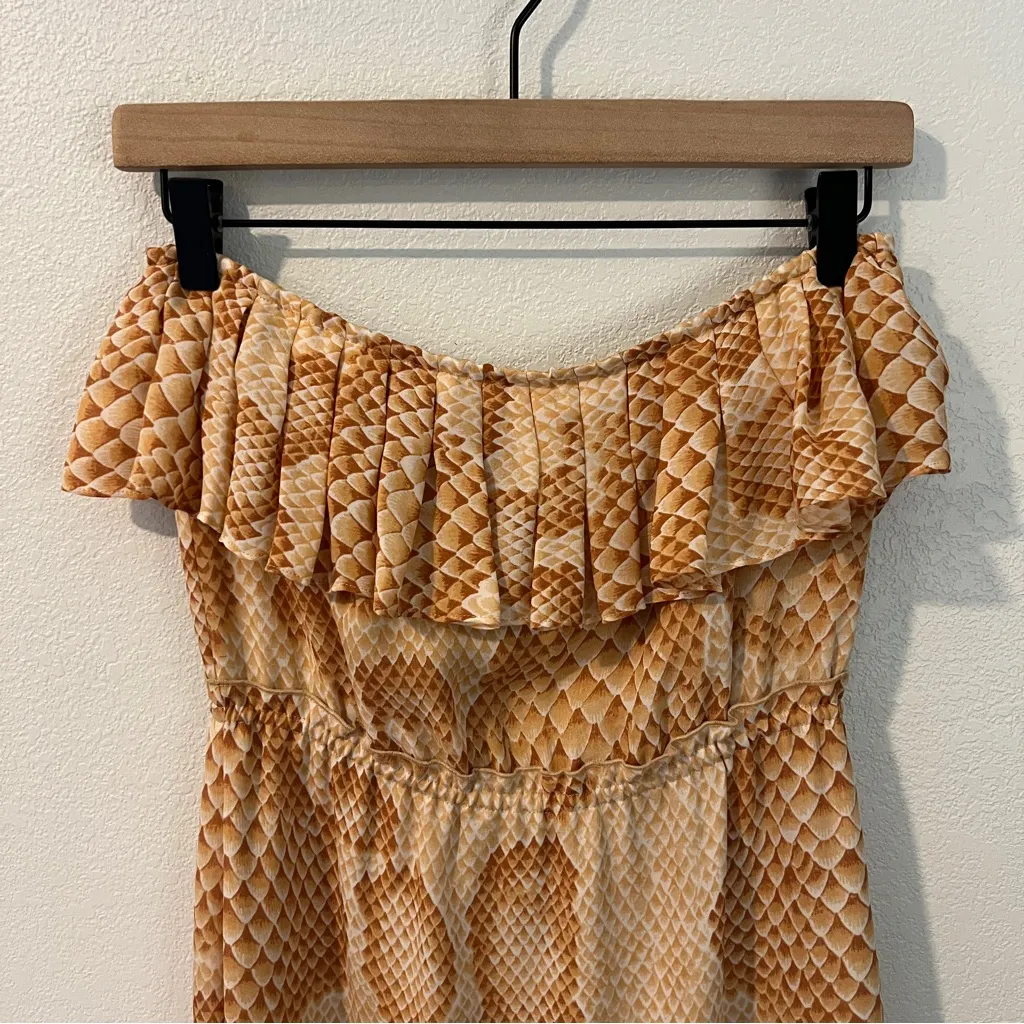 AKA New York Silk Snake Print Tan Brown Strapless Ruffle Layered‎ Maxi Dress XS - Image 2