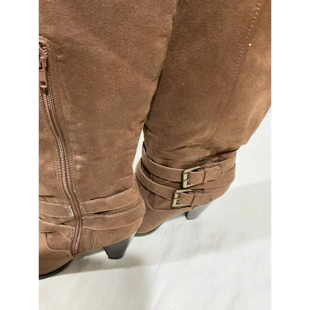 Woman’s Just Fab Waynoka Wide Brown Faux Suede Stacked Winter Boots Size 8w Otk - Image 6