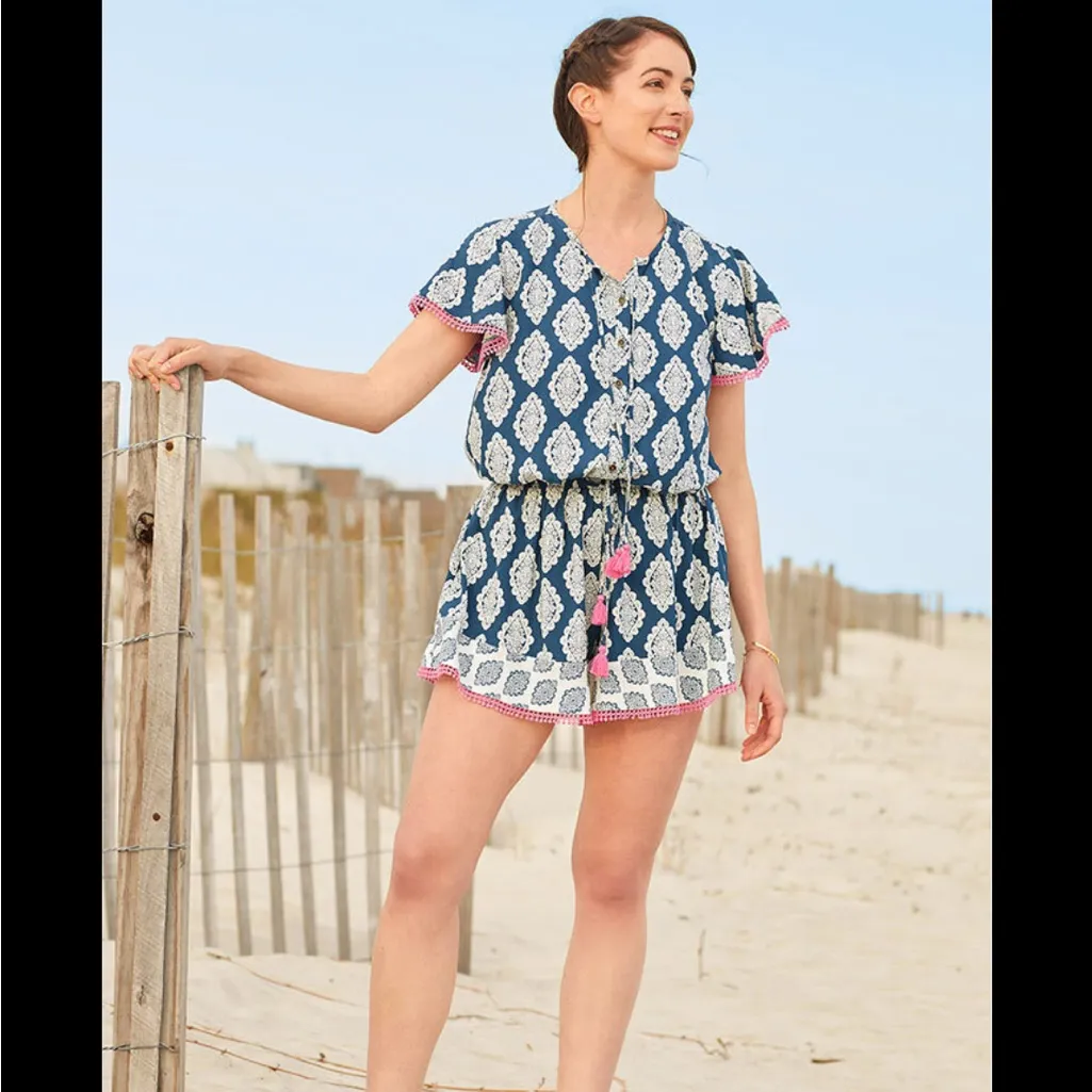 Matilda Jane Romper Medium Blue and Pink Patterned Shorts Boho - Image 2