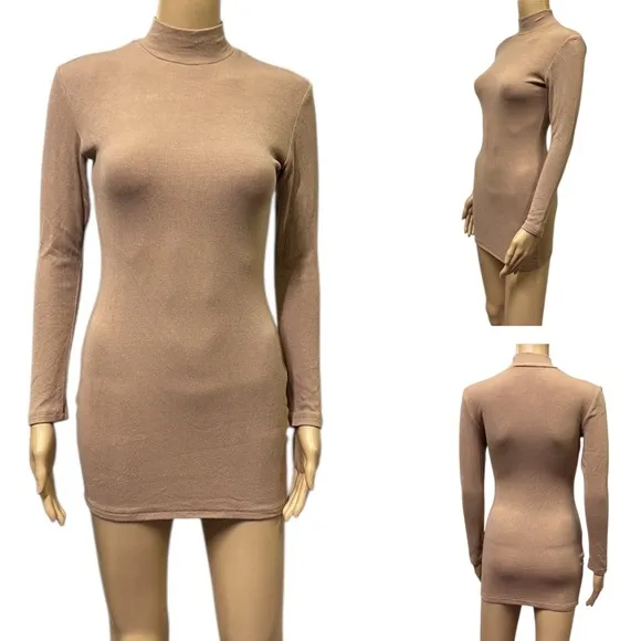 High Neck Tan Nude Ribbed Long Sleeve Micro Mini Shirt Dress Womens Small - Image 2
