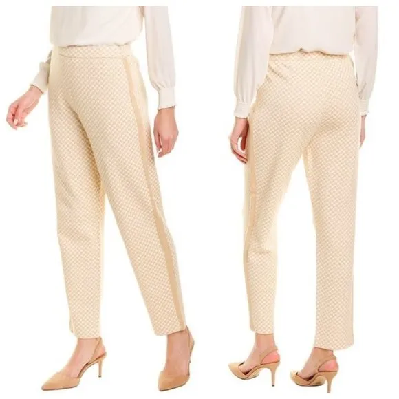 💕ST. JOHN💕 Houndstooth Jacquard Wool-Blend Knit Slim Crop Pants Camel & Ecru L - Image 2